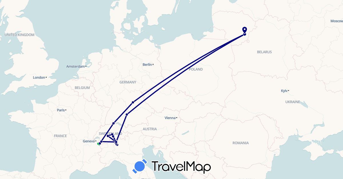 TravelMap itinerary: driving, bus, hiking in Switzerland, Germany, France, Italy, Lithuania (Europe)